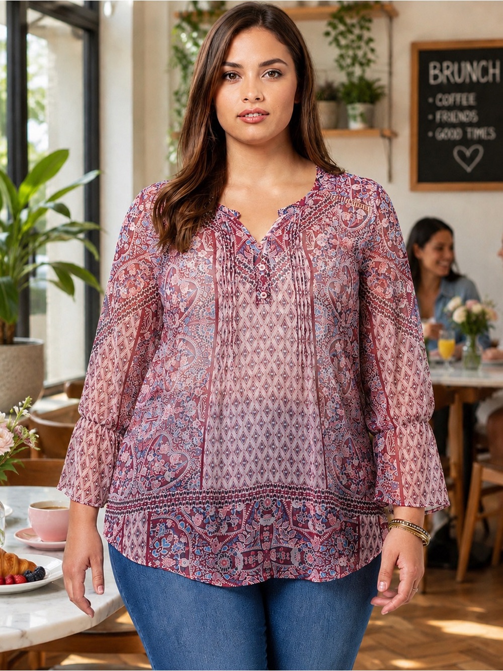 STYLE & CO MIXED PRINT PEASANT TOP — FOULARD PLUM